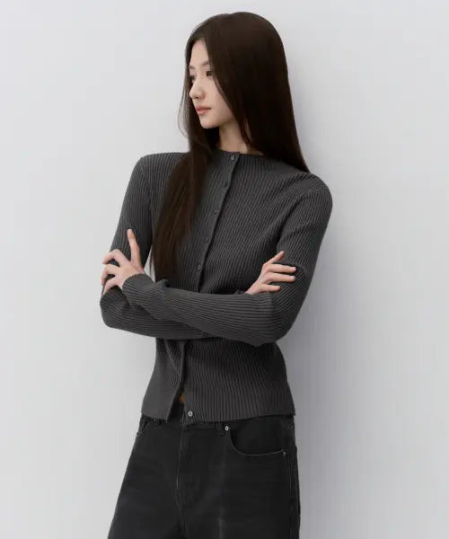 [MUSINSA STANDARD WOMAN] Women's Ribbed Slim Mock Neck Cardigan [Charcoal Grey] / 우먼즈 리브드 슬림 모크 넥 가디건 [차콜 그레이]