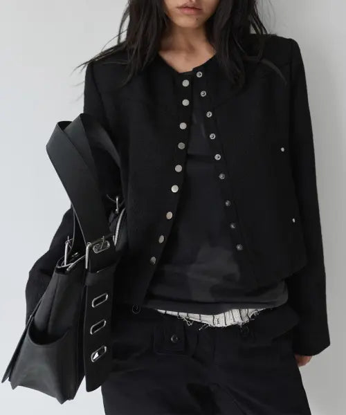 [PORTERNA] TWEED SNAP CROP JACKET-BLACK