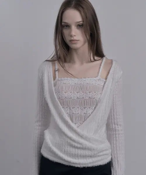 [DAMIO] Layered Wrap Cardigan Knit Top (White)