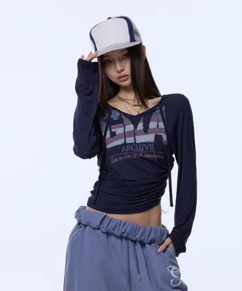 [GILAARCHIVE] USA LOGO V NECK LONG SLEEVE_NAVY