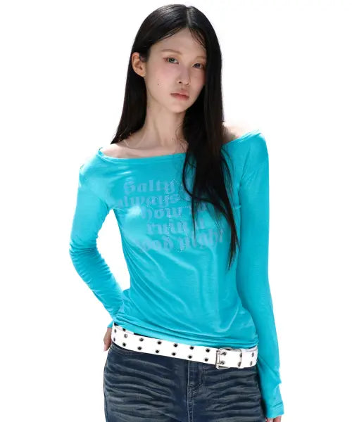 [SECONDSALT] SALTY GIRL RHINESTONE SHEER LONG SLEEVE TOP (MINT SALT) / 솔티걸 핫픽스 시스루 롱 슬리브 (민트솔트)