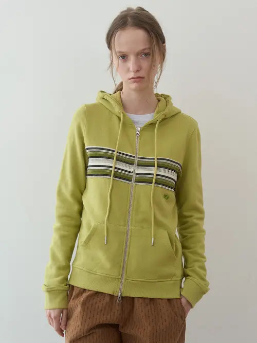 [ENZO BLUES] Stripe Contrast Zip-up Hoodie (Lime) / 스트라이프 콘트라스트 후드집업 (Lime)
