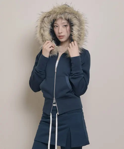 [OURRSHAPE] Detachable Fur Crop Zip Up Hoodie - Dark Navy