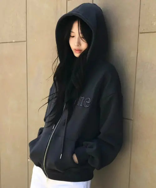 [STMG] MAGARINE Applique Loose Two-Way Zip-Up Hoodie Charcoal / 마가린 아플리케 루즈 투웨이 지퍼 후드집업 차콜