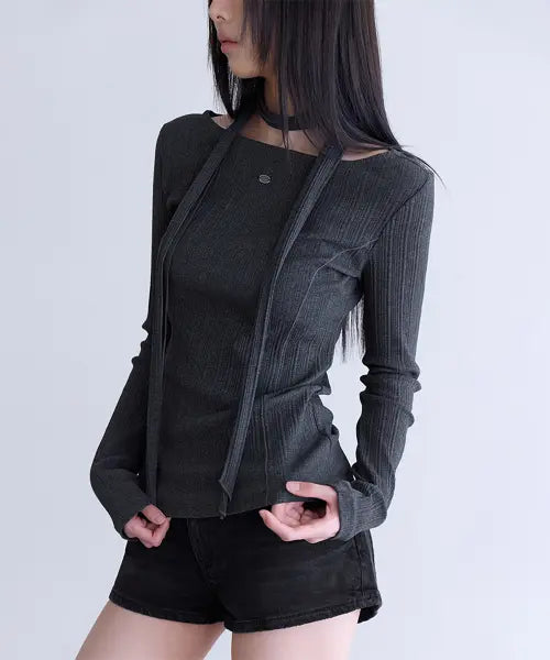 [LONDONDADA] Tie Long Sleeve T-Shirt, CHARCOAL