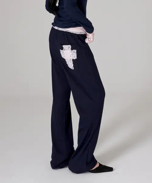[ESCAPEFROM] ESCF Cross Chain Print Lace Bootcut Sweatpants Navy / ESCF 크로스 체인 프린트 레이스 부츠컷 스웻팬츠 네이비