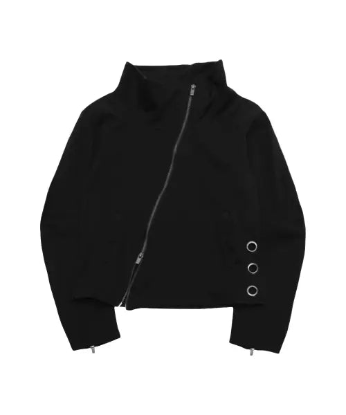 [PLACE STUDIO] High Neck Diagonal Zipper Eyelet Detail Semi-Fitted Long Sleeve Zip-Up Jacket [Black] / 하이넥 사선 지퍼 아일렛 포인트 세미 피티드 미니멀 긴팔 집업 자켓 [블랙]