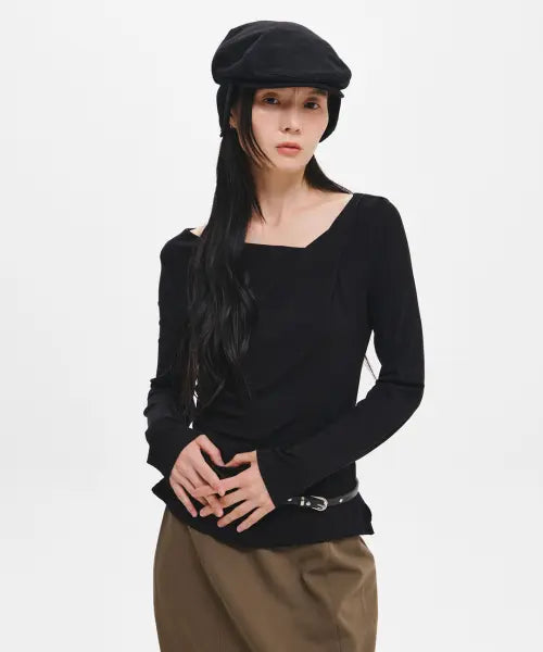 [GENERALIDEA] woman drape shirring long sleeve t-shirt [black] / 드레이프 셔링 긴팔 티셔츠 [BLACK] / GF3LTS503