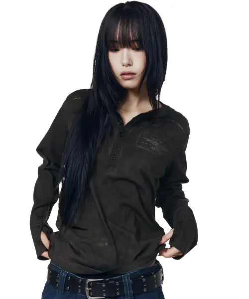 [AAKAM] Military Dyed Henry Neck Long Sleeve (Black)