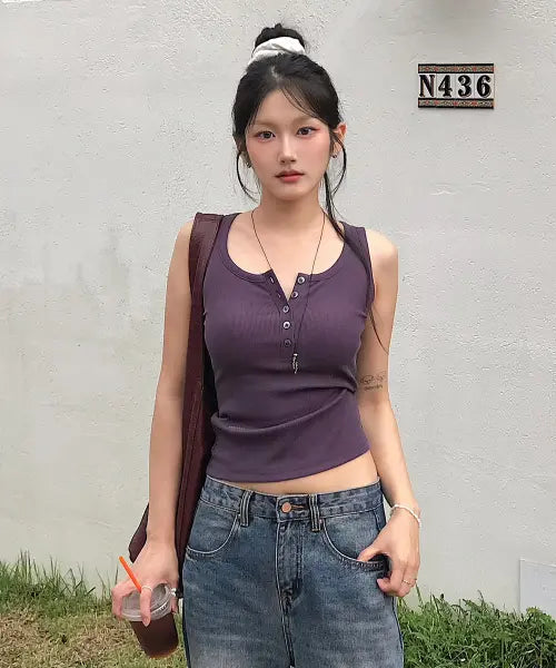 [PEPLEE] Button Henley Neck Sleeveless Top (Purple)