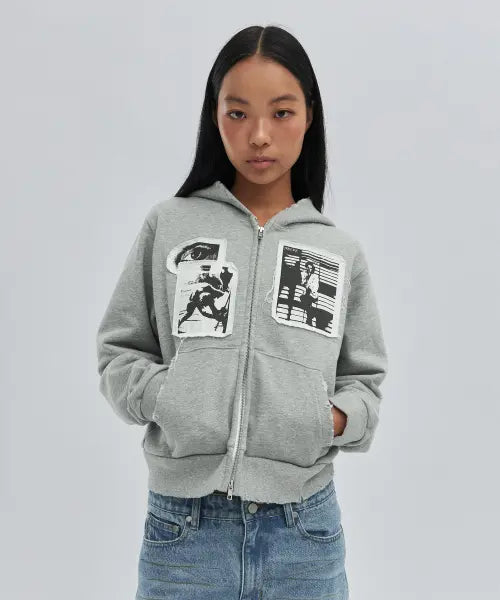 [SUADE] PATCHWORK HOOD ZIP UP [GRAY]