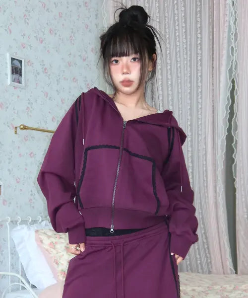 [YOUHEE] LACE TRIMMED HOOD ZIP-UP_PURPLE / [아네딘X유희] LACE TRIMMED HOOD ZIP-UP_PURPLE