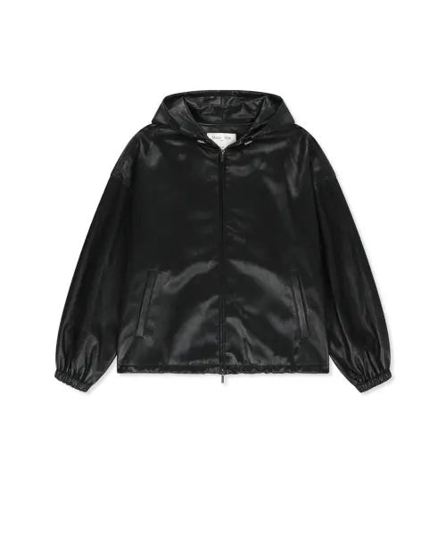 [MATIN KIM] FAUX LEATHER APPLIQUE LOGO HOODY JUMPER IN BLACK