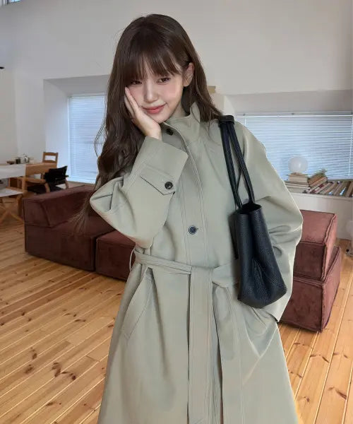 [LINGSEOUL] High Neck Trench Coat - Beige / high neck trench coat-beige