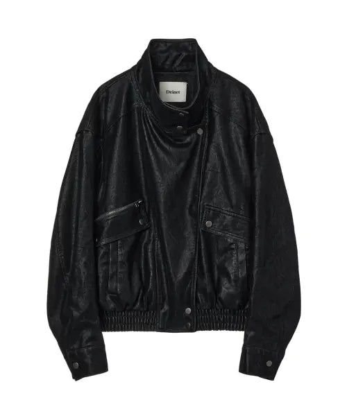 [DEINET] FAUX BOMBER LEATHER JACKET IN BLACK