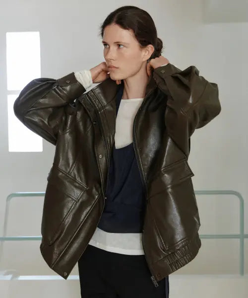 [URAGO] Pocket leather overfit blouson_Khaki brown