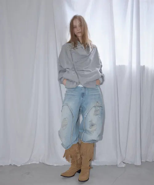 [ASYMMETRY] Distressed Panel Jeans / Light Blue