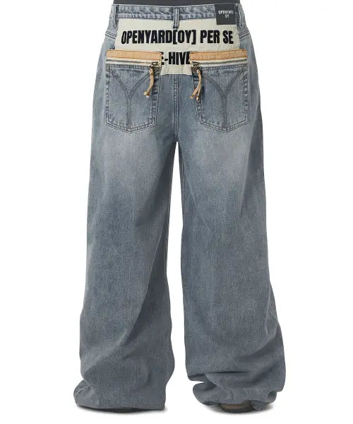 [OPENYARD(OY)] SCRIPT YOKE WASHED WIDE HEM PANTS - BLUE