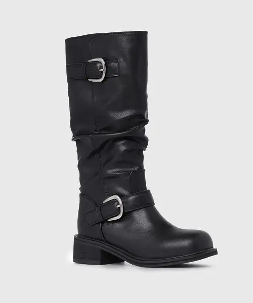 [KISSA] Two-Way Square-Toe Buckle Slouchy Long Boots L307311 / 투웨이 스퀘어토 버클 슬라우치 롱부츠 L307311