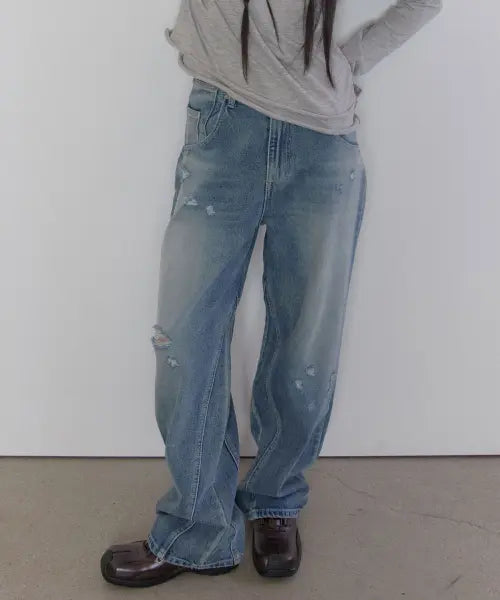 [TYPESERVICE] Distressed Panel Denim Pants [Blue]