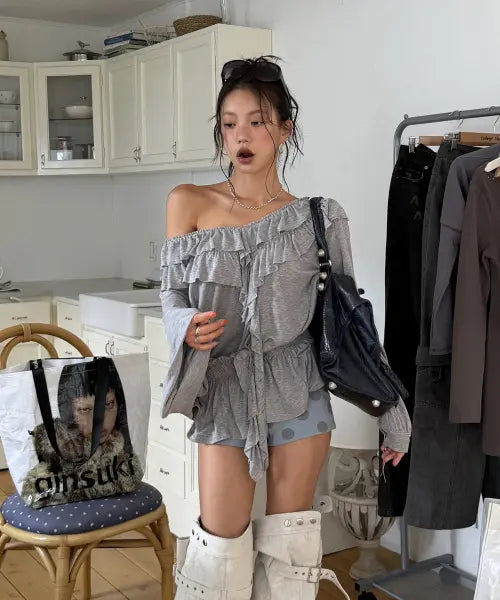[GINSUKI] BOHEMIAN RUFFLE LAYERED T-SHIRTS (GREY) / [긴스키 X 물바다]BOHEMIAN RUFFLE LAYERED T-SHIRTS (GREY)