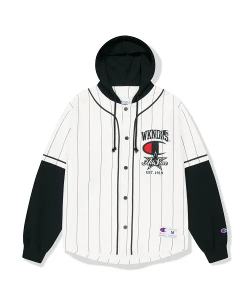 [WKNDRS] WKNDRS x CHAMPION LAYERED BASEBALL SHIRT JK (WHITE)