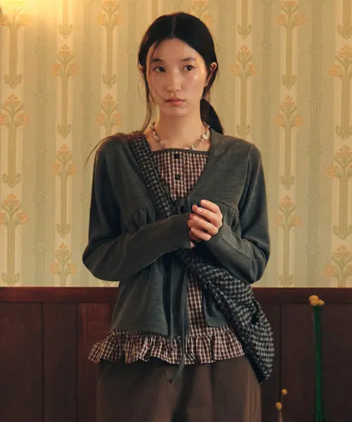 [COMONINOZ] W CHECK SOFT CARDIGAN [DEEP GRAY]