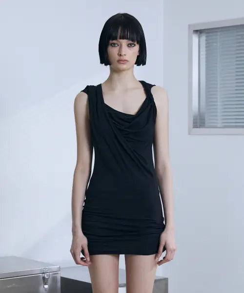 [VOONT] Twist Drape Slim Mini Dress (BLACK)
