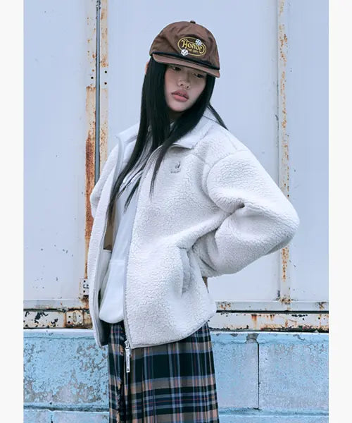 [LECOQ] Unisex Fleece Loose Fit Jacket - Ivory QR423JJKO1 / 유니 플리스 루즈핏 자켓 - 아이보리 QR423JJKO1