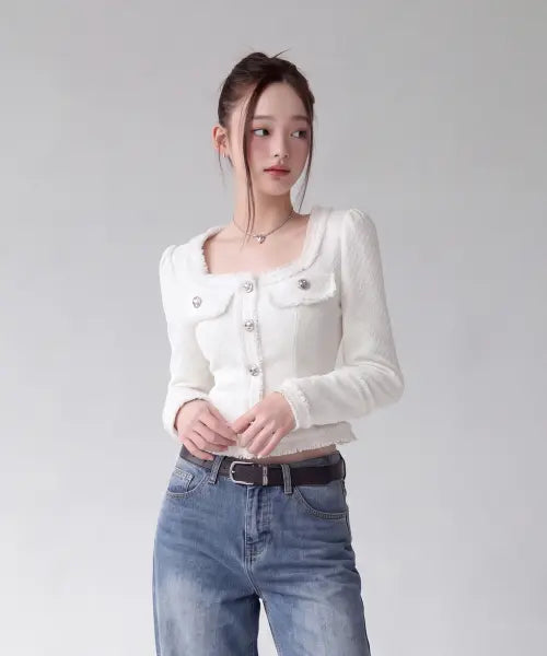 [INMOOD] Blanc Slim Square Neck Tweed Short Jacket [ivory] / 블랑 슬림 스퀘어넥 트위드 숏 자켓 [아이보리]