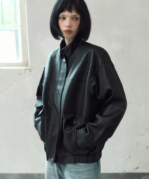 [LEATHERY] High Neck Leather Blouson Jacket [BLACK] / 하이넥 레더 블루종 자켓 [BLACK]
