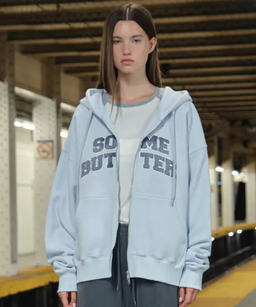 [SOMEWHEREBUTTER] Satin Heart Logo Hoodie Zip-Up - Pale Blue