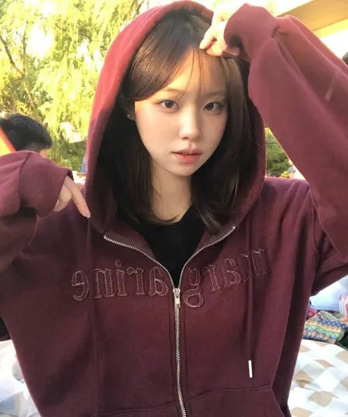 [STMG] MAGARINE Applique Loose Two-Way Zip-Up Hoodie Burgundy / 마가린 아플리케 루즈 투웨이 지퍼 후드집업 버건디