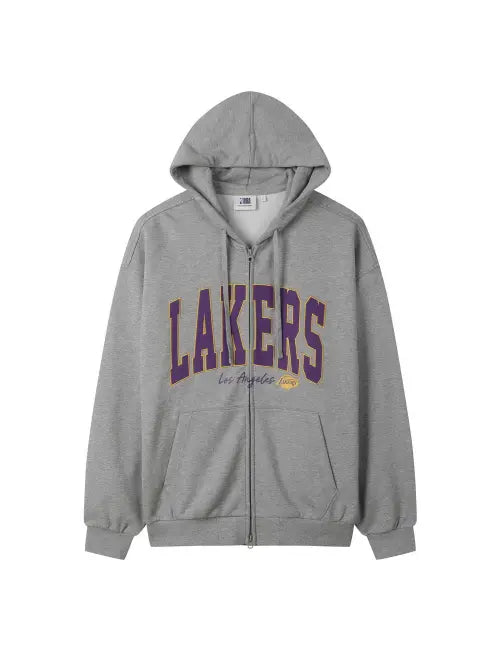 [NBA] Team Lettering Appliqué Hooded Zip-Up Sweatshirt - Mélange Grey / 팀 레터링 아플리케 후드 집업 멜란지 그레이