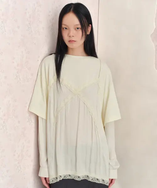 [SUNBURNPROJECT] LACE LAYERED LONG SLEEVE TOP, IVORY
