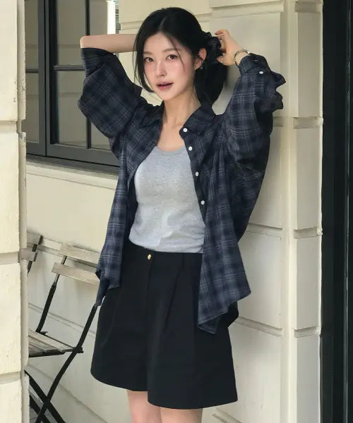[TILL I DIE] [Scrunchie SET] Check overfit shirt jacket set [TIFA05SH03]_Navy / [스크런치 SET] Check overfit shirt jacket set [TIFA05SH03]_Navy