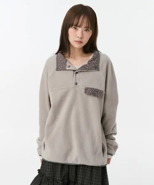 [OHESHIO] Floral Contrast Fleece Pullover, Gray