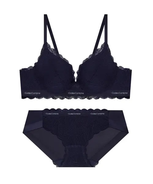 [CODES COMBINE INNERWEAR] Secret Wire Volume Lace Bra & Panty Set - Navy / 시크릿와이어 볼륨 레이스 브라 햄팬티 세트_네이비