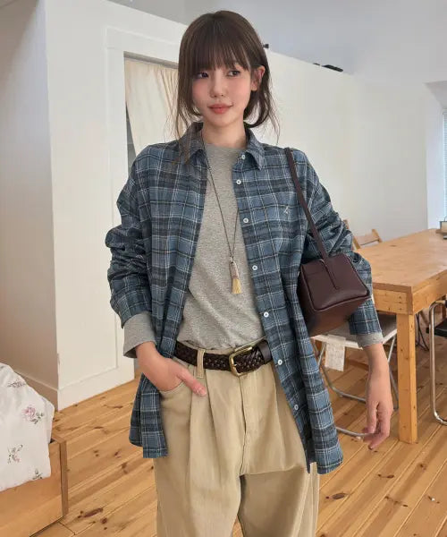 [LEVAR] Relaxed Check Over-shirt - Powder Blue