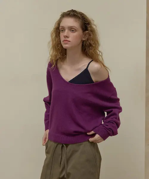 [LONQUE] WOOL DEEP U-NECK KNIT (PURPLE)