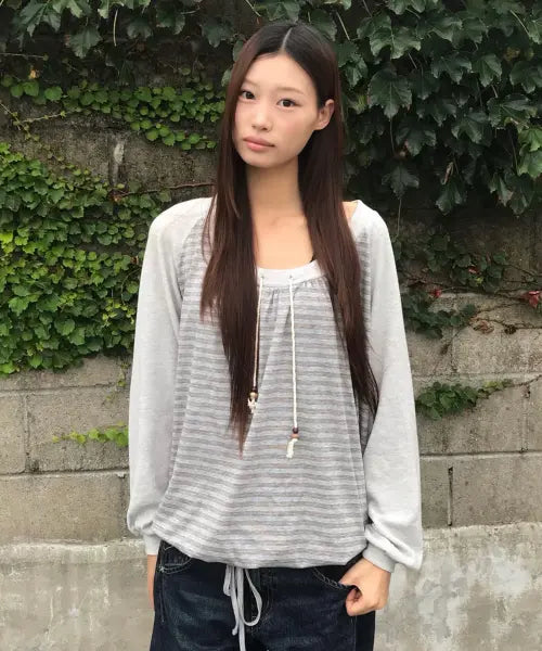 [AEAE] STRIPE DRAWSTRING TOP [GREY]