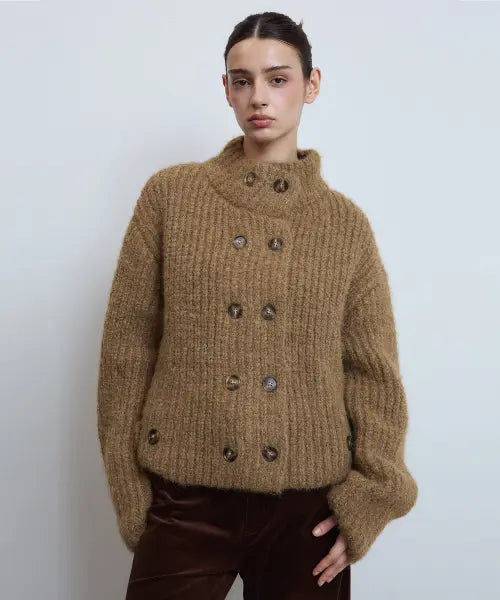 [UOUSOO] Wool Blend High Neck Double Knit Jacket_ Beige / 울 블랜드 하이넥 더블 니트 재킷_ 베이지