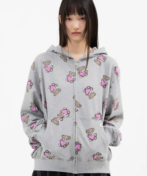 [WEBHOUSE] Twister Heart Bear Hoodie Zip-Up - Grey / 트위스터 하트 베어 후드 집업 - 그레이