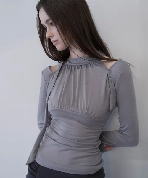 [DAMIO] Layered Scarf Shirring Top (Gray)