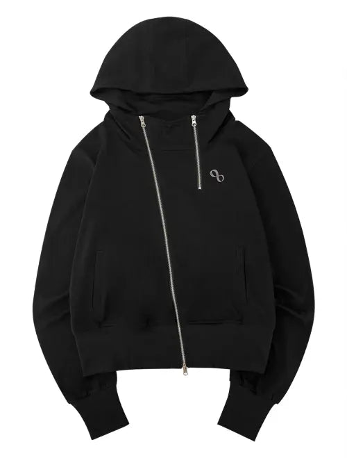 [LOOXP] Logo Embroidered Diagonal Two-Zip Warmer Hooded Zip-Up Black / 로고 자수 사선 투지퍼 워머 후드집업 블랙