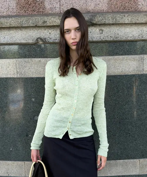 [DEINET] BUTTON POINT PLEATS CARDIGAN IN GREEN