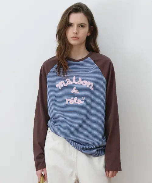 [ROLAROLA] MAISON DE ROLA EMBROIDERY STRIPE LONG SLEEVE  BL+BR