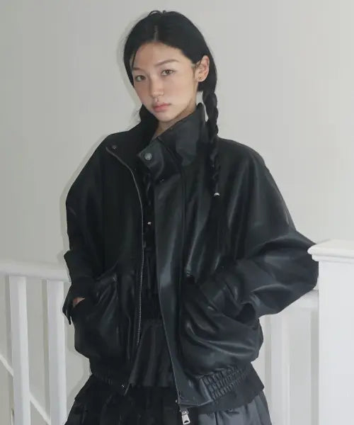 [LADY VOLUME] 9257 Leather Oversized Blouson (BLACK) / 9257 레더 오버핏 블루종 (BLACK)