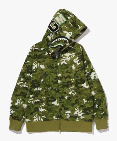 [BAPE] Multi Pixel Camo Shark Regular Fit Full Zip Hoodie (M) Green / 멀티 픽셀 카모 샤크 레귤러 핏 풀 집 후드(M) GREEN