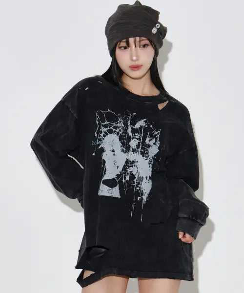 [HELENE PARIS] Damaged Crack Artwork Long Sleeve [Washed Black] / 데미지드 크랙 아트워크 롱 슬리브 [워시드 블랙]